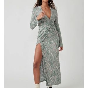 NWT FREE PEOPLE SHAYLA WRAP MIDI DRESS IN MINT COMBO long sleeves - M